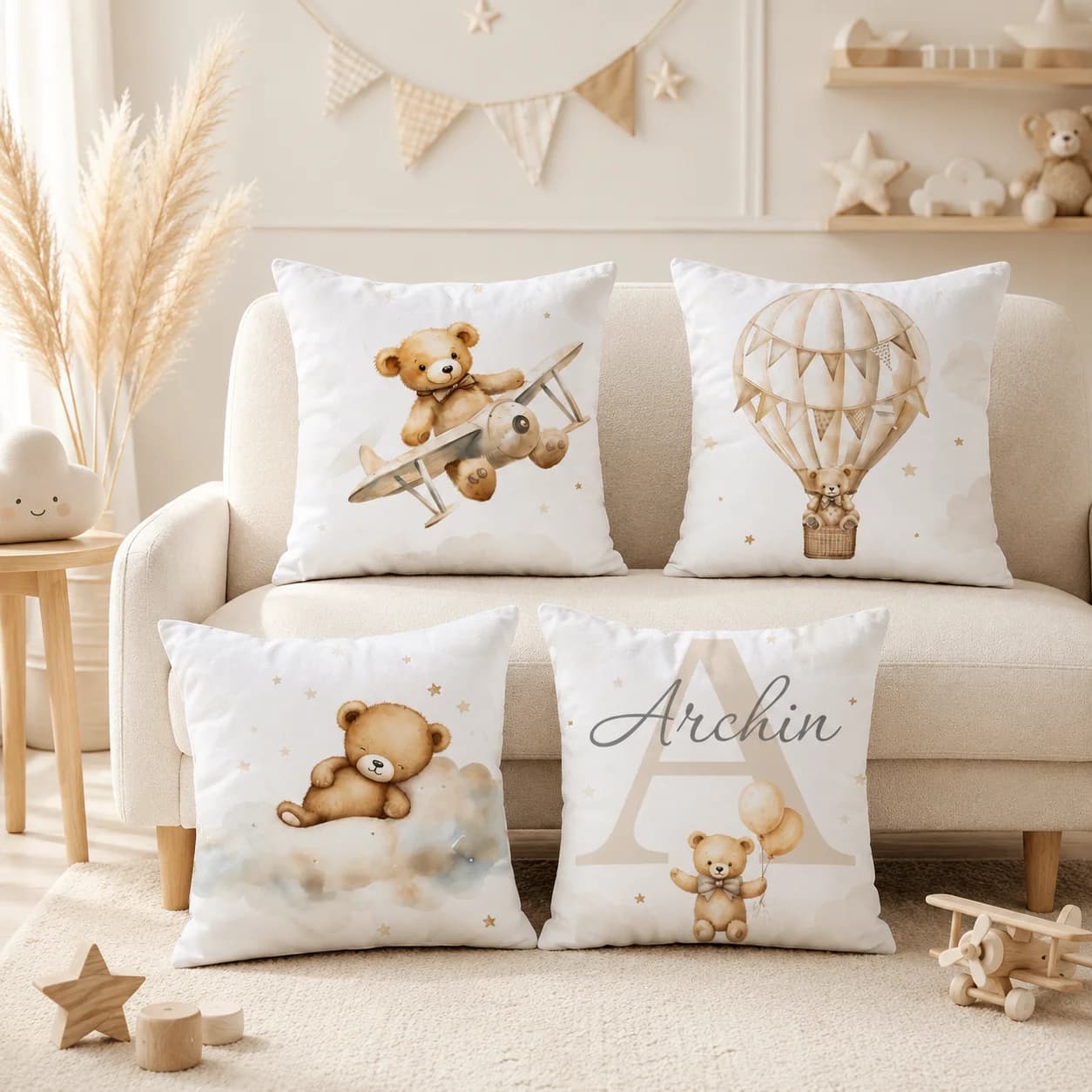 Bear Hot Air Balloon Aircraft Moon Cloud Plush Double-Sided Sofa Cushion Cover, Soft Warm Pillow For Home Gift