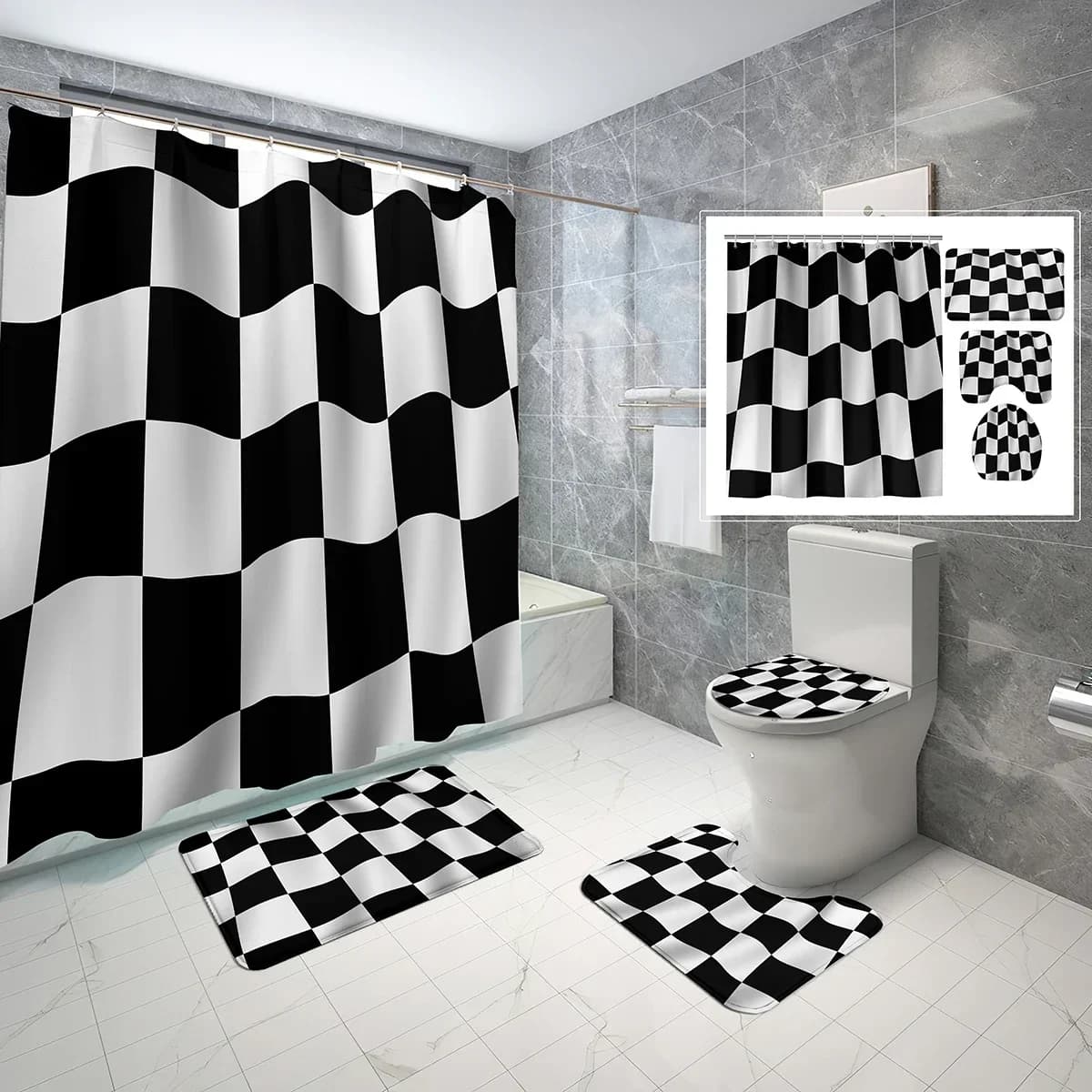 4 set di tende da doccia a tema scacchiera con tappetino da bagno antiscivolo, copri coperchio per WC e set di tende da doccia classiche bianche e nere