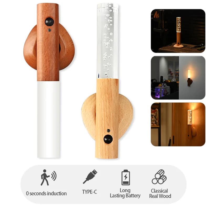 Nuove lampade da parete in legno con sensore LED magnetico USB Solido semplice sensore di luce scale camera da letto luci del corridoio luce notturna in legno