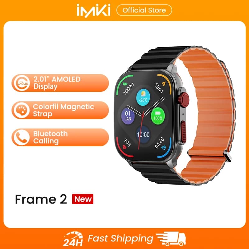 IMIKI Frame 2 Magnetic Starp Smart Watch 2.01" AMOLED HD Display 24H Health Monitoring 190+ Sports Modes Waterproof Smartwatch