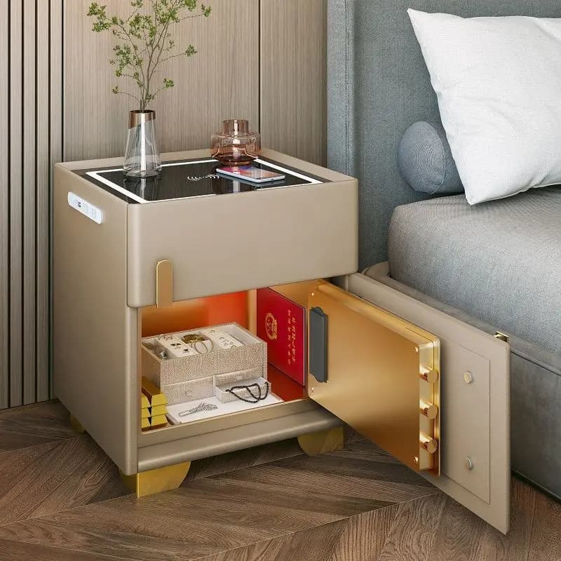 Comodino intelligente per camera da letto con ricarica wireless integrata, luce di lusso, altoparlante Bluetooth e armadietto con serratura a password