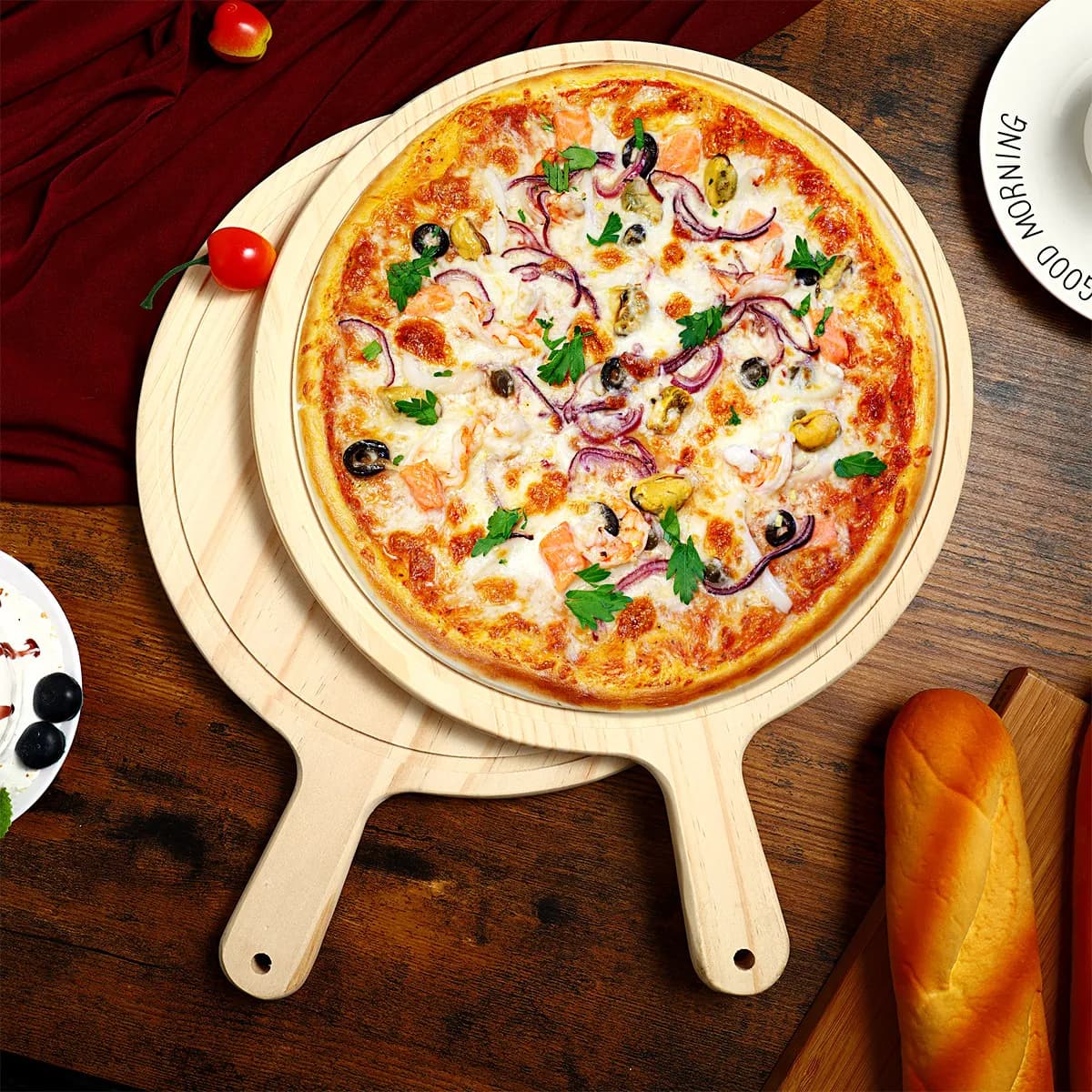 11 Inch Natural Wooden Pizza Peel Paddle Tray for Baking Transferring Pizza Bread Pastry Cheese Vegetables Fruit Home Restaurant
