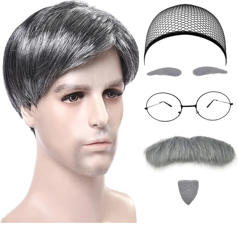 1 Set Estensioni dei capelli Sintetici Hallowee Cosplay Parrucche da uomo anziano Copricapo traspirante Performance Dress Up Parrucca da nonno Cappello per uomo