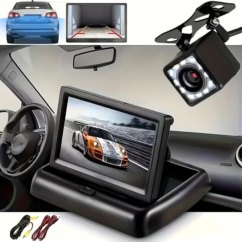 4.3in Folden Car Backup Camera Rear Camera Monitor Kit with 12 LED Lights 480P Night Vision for Cars, Trucks, RVs, Mini-Vans