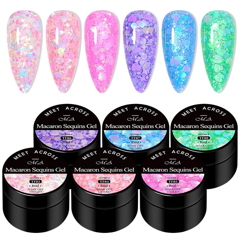 MEET ACROSS 8ml Macaron Glitter Paillettes Smalto per unghie Gel Colorato Cuore d'amore Paillettes a forma irregolare Nail Art Gel Vernici FAI DA TE