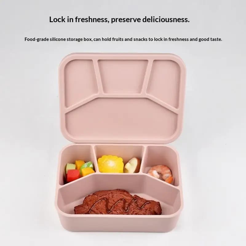 #Silicone Lunch Box Reusable 4 Compartment Leakproof Food Container Microwave Safe for Office Workers Daily Use