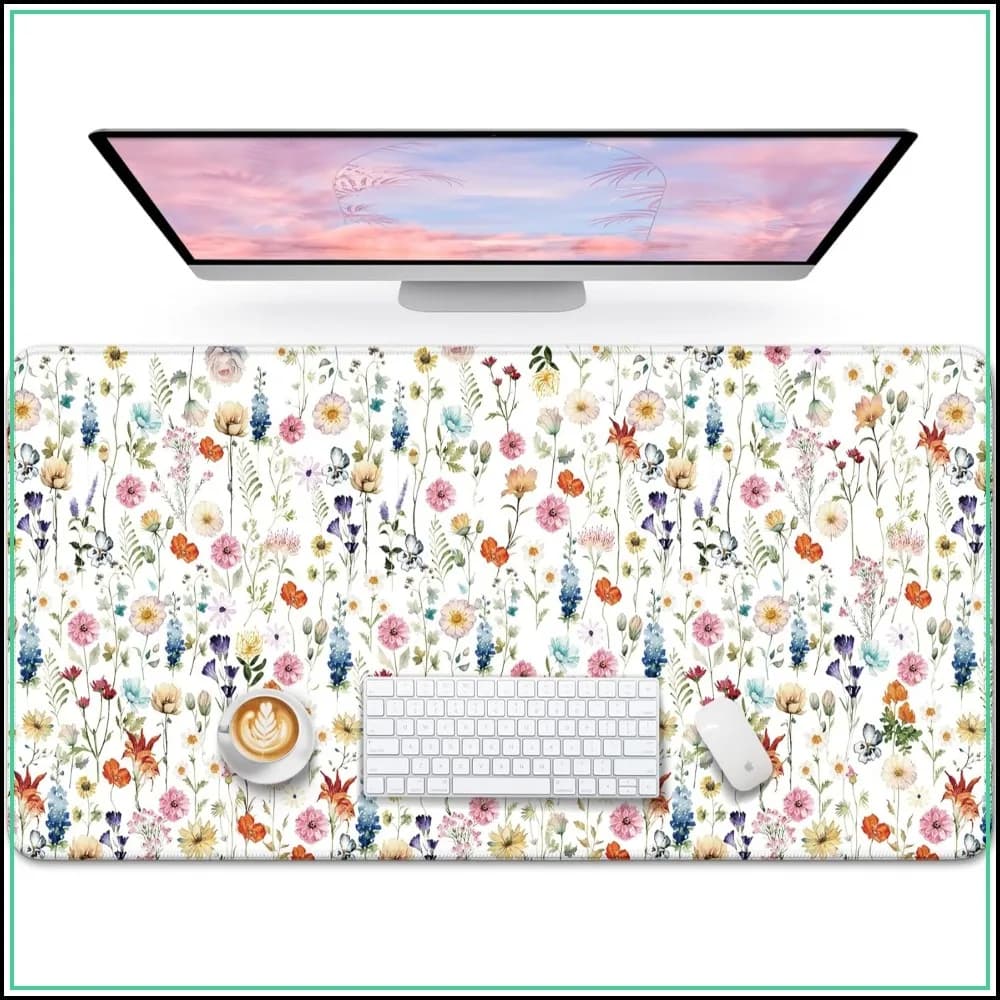 Large Mouse Pad for Desktop, Cute Desk Mat for Work & Gaming, Anti-Slip Laptop Blotter Cover, Wildflowers, 31.5" x 11.8"