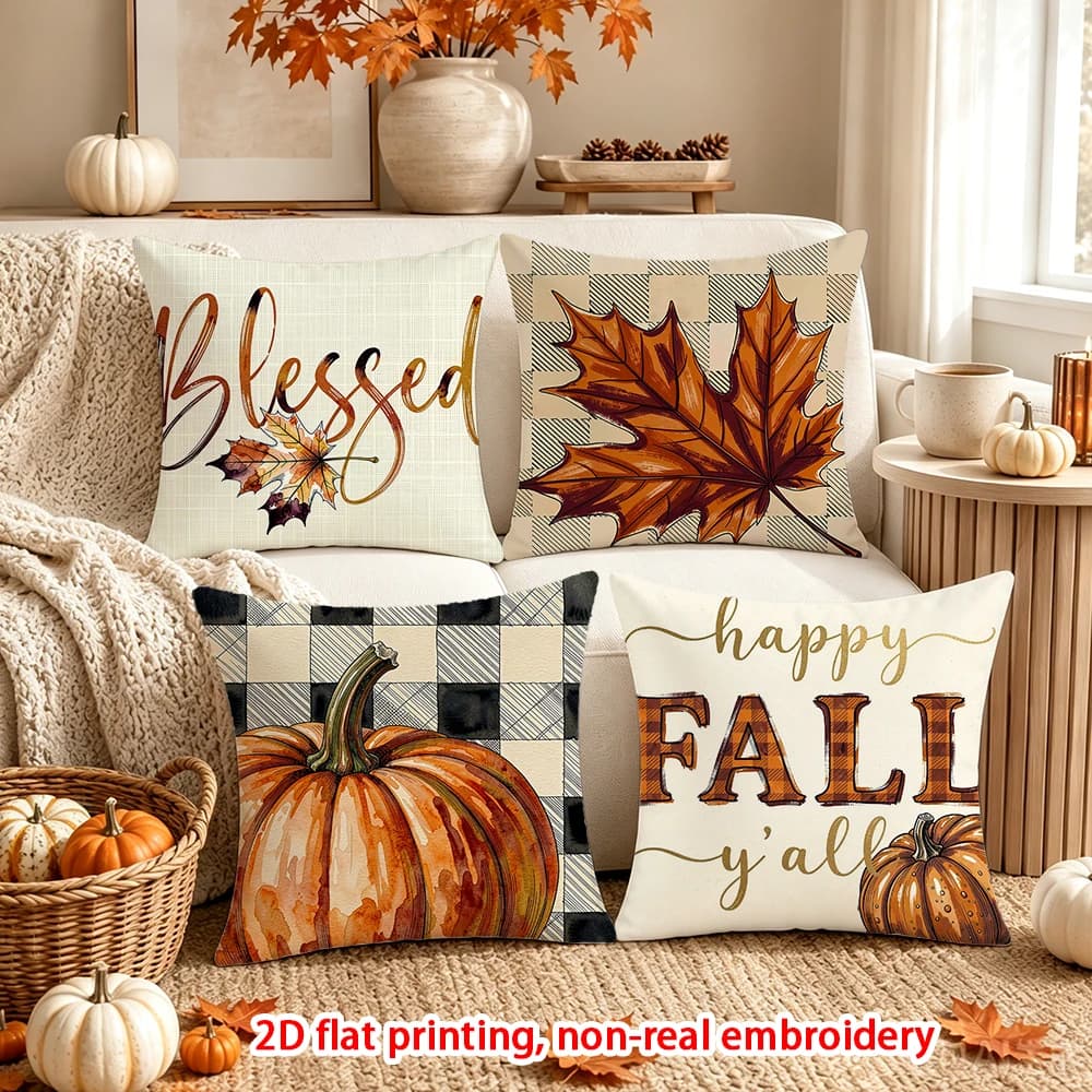4PCS Fall Thanksgiving Throw Pillow Covers, Rustic Pumpkin Maple Leaf Autumn Decorative Cushion Cases for Sofa Couch