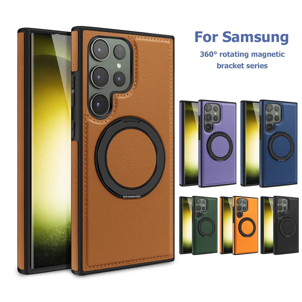 Custodia in pelle magnetica con supporto ad anello in metallo rotante a 360 gradi per Samsung S25 S24 Ultra S24 FE S23 Plus S22 Magsafe Holder Cover
