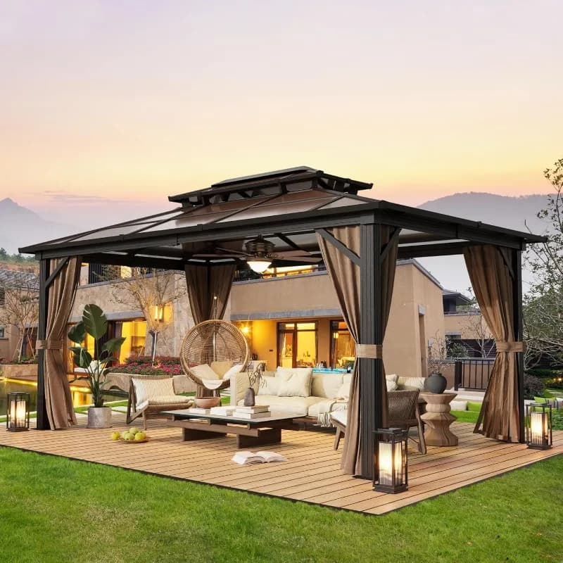 Gazebo YOLENY 10'x13' con Tetto Rigido, Tettoia Esterna in Policarbonato a Doppio Tetto, Padiglione Permanente con Telaio in Alluminio e Tende