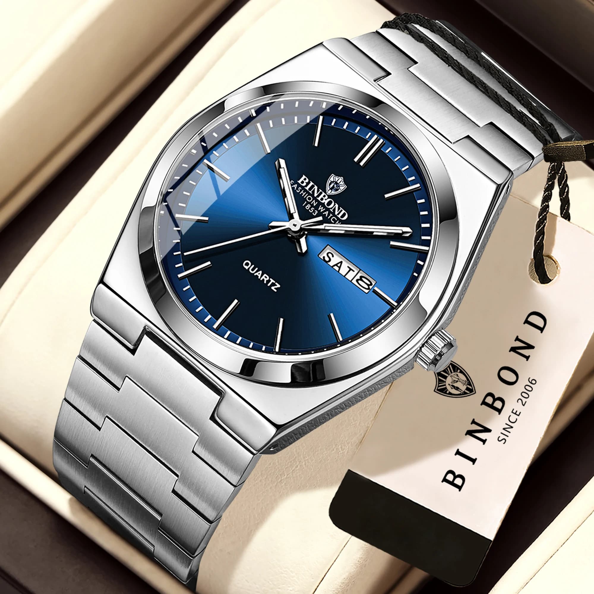 BINBOND orginal quartz wristwatches for men luxury luminous waterproof week display auto date accurate men's watch casual reloj
