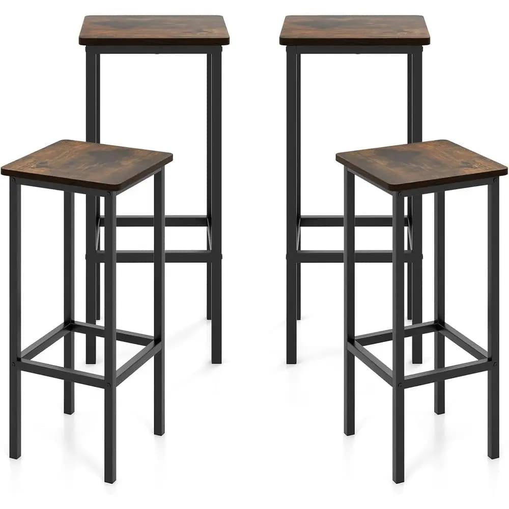 Set di 4 Sgabelli da Bar Quadrati con Schienale, Struttura in Metallo e Poggiapiedi, Sedie Alte per Isola Cucina, Stile Rustico