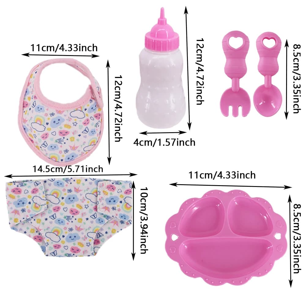 Accessori per bambole americane da 18 pollici (43 cm): set di stoviglie in plastica, ciuccio, biberon magici, pannolini, giocattoli per casa delle bambole da bambina