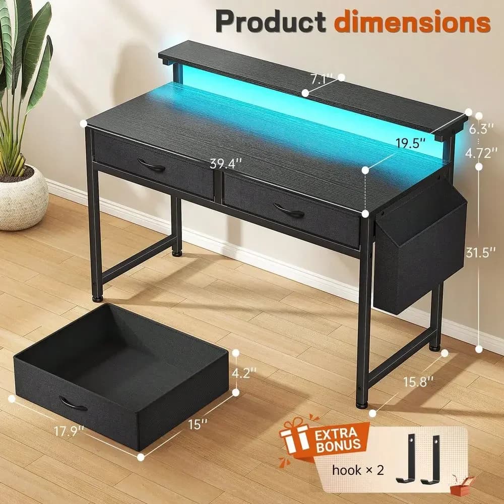39.4 W Black Computer Desk With LED Strip Lights Ergonomic Monitor Stand,Home Office Desk With 2 Fabric Drawers Side Pocket For