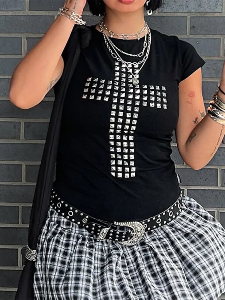 T-Shirts with Vintage Y2k Strass for Women, T-Shirt with Soul Graphics, Gothic Women's Clothing, Kpop, Goth, Summer Emo