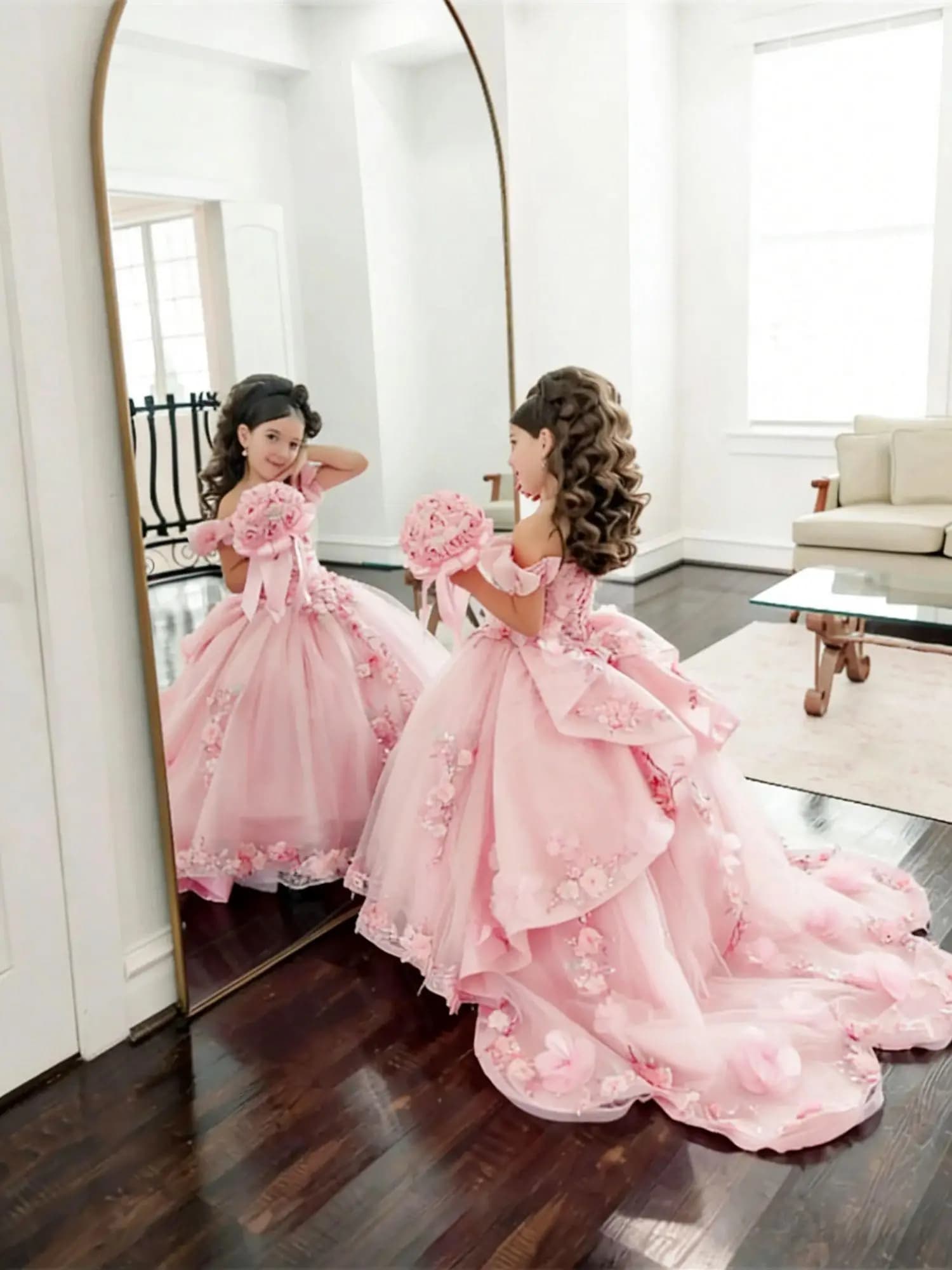 Abito da Cerimonia per Bambina, Vestito da Damigella per Matrimonio, Spalle Scoperte con Applicazioni in Tulle, Gonfio, per Feste di Compleanno e Prima Comunione, Personalizzabile