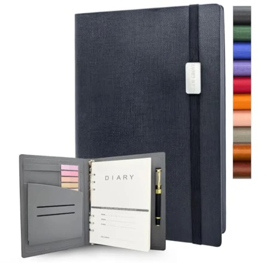 A5 Binder with 6 Ring Lined Leather Journal Notebook, Refillable Hardcover with Pen Loop, 160 Pages 100G Thick Paper for Work,