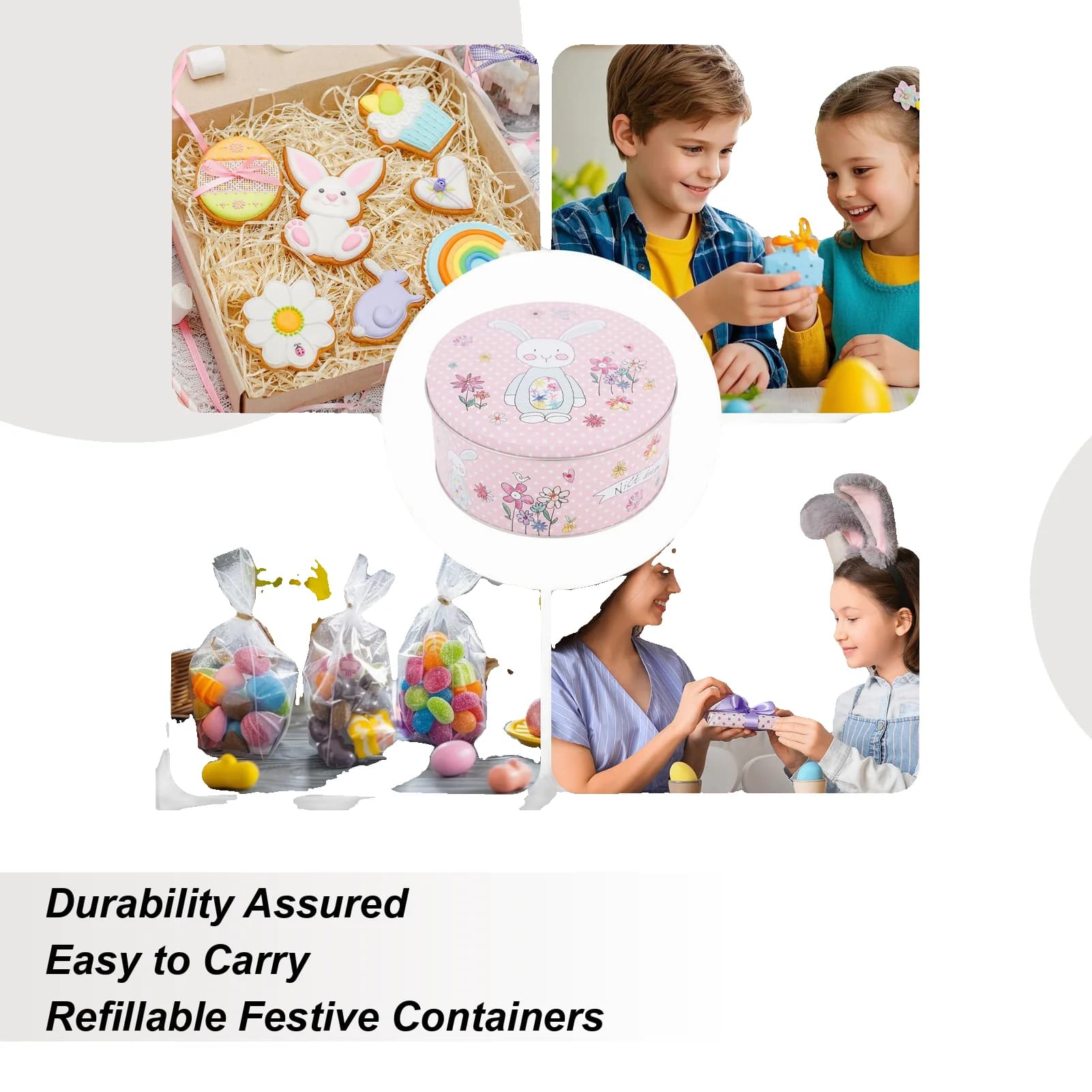 Scatole per biscotti con coperchio, contenitore in metallo a forma di coniglietto pasquale, scatola rotonda per biscotti, per bambini, adulti, casa, feste a tema festivo