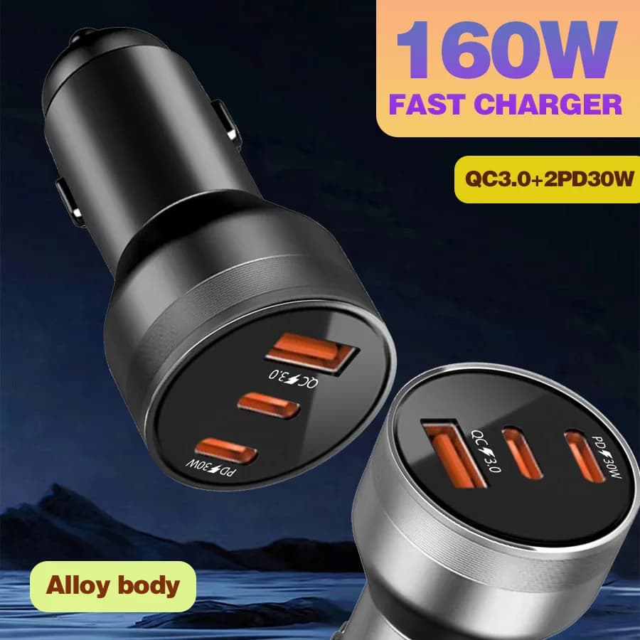 160W 2/3/4 Port USB Alloy material body car charger QC3.0 PD30W car Super Fast charger for Phones Car cigarette lighter adapter