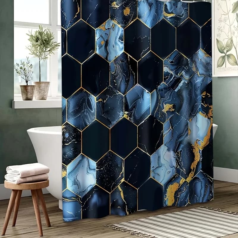 Tenda da doccia moderna a nido d'ape sfumata blu da 1 pezzo - Accenti dorati, include ganci, elegante arredamento per il bagno per tutte le stagioni