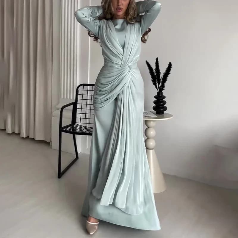 Abito da donna nuovo per il commercio estero, autunnale, girocollo, slim, con design a sovrapposizione, gonna lunga a vita alta con cinturino per donna