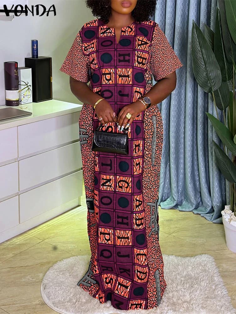 Plus Size 5XL VONDA Women's Vintage Dress Print Summer Party Summer Dress Bohemian Short Sleeve V-neck Casual Dresses Oversize Dress
