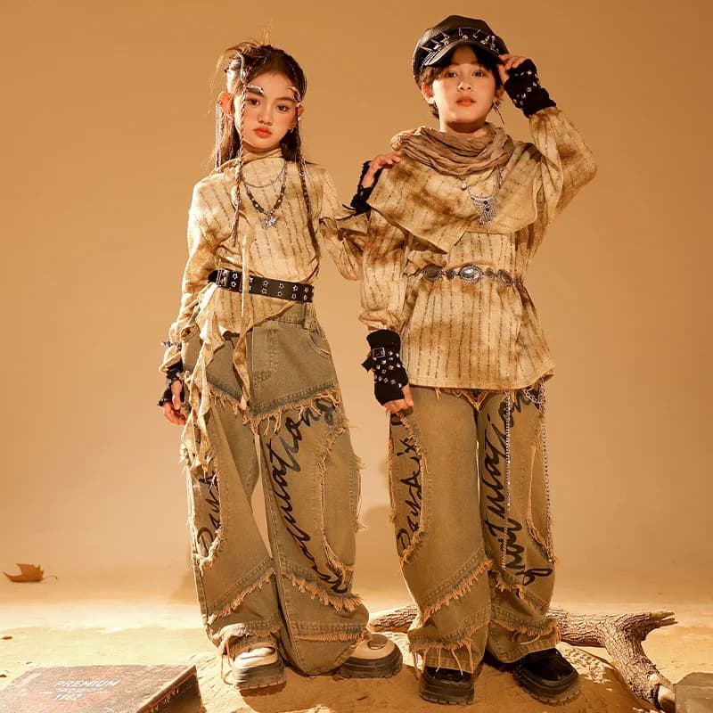 Abbigliamento Hip Hop stile Wasteland per bambini Top invecchiato kaki Pantaloni jeans denim con orlo grezzo casual per ragazza Ragazzo Costumi di danza Vestiti