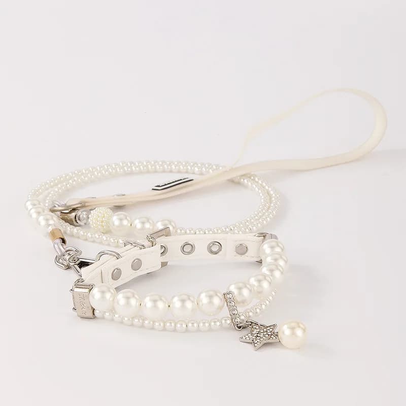 Collare per animali domestici con perle glamour con ciondolo a forma di stella di cristallo - Set di guinzagli per cani in filo di acciaio intrecciato a mano Collana per cani da compagnia in pelle PU per la festa