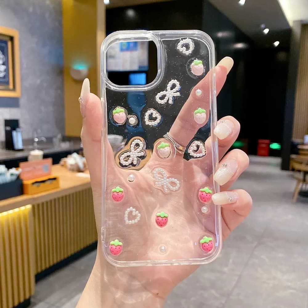 Carino 3D Cuore di Amore Perla Bowknot Cassa Del Telefono Per iPhone 16 11 12 13 14 Pro Max 15 Plus Corea Ragazza Della Copertura Morbida Epossidica Glitter Borsette