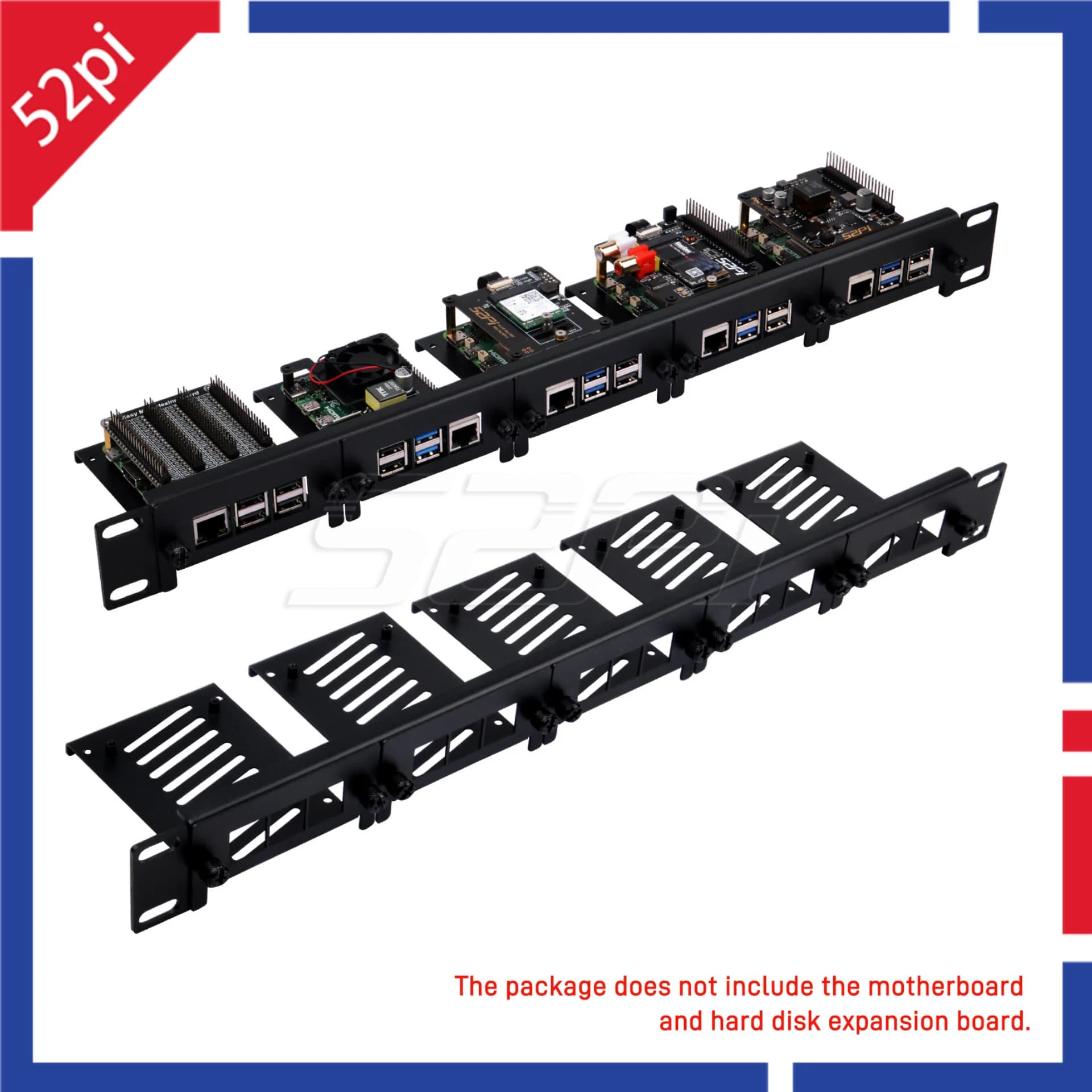 Removable 1U rack support 52Pi for Raspberry Pi 5/4B/3B+ 19 inch steel bracket 5 slot
