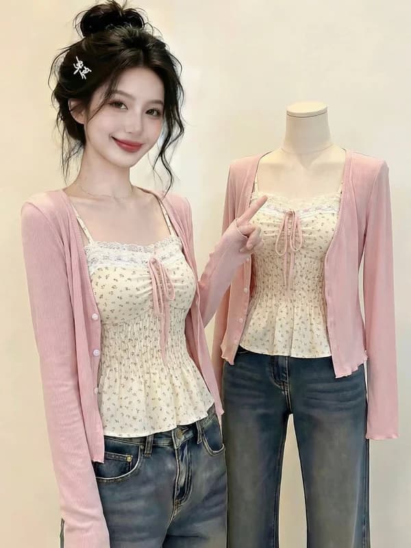 Summer 2026 New plus Size Beautiful Floral Vest Pink Sunscreen Outerwear Cardigan Top Set Fashionable Korean Style Women's Set