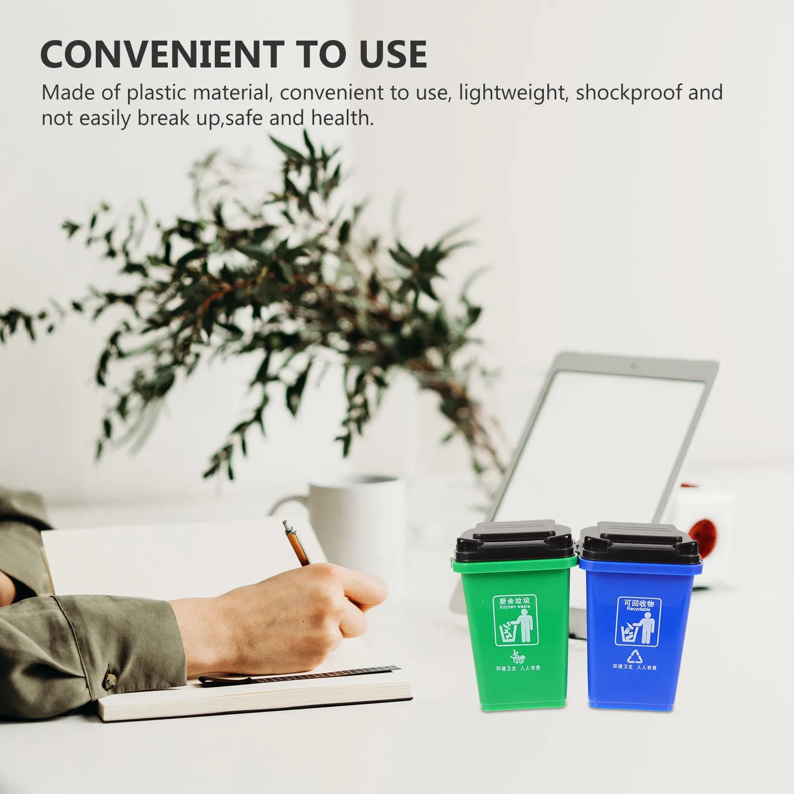 Set of 2 Creative Desk Containers: Pen holder and Recycle Bin, Plastic Office Organizer