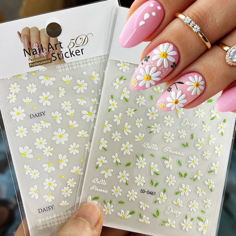 2 pezzi 5D in rilievo margherita bianca adesivo per unghie carino floreale margherita decalcomanie per unghie primavera estate fiore manicure consigli decorazione per unghie 8 * 10 cm
