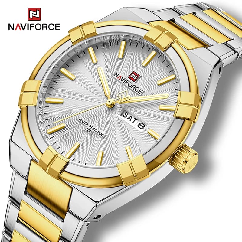 NAVIFORCE Men's classic stainless steel watch with date and day Businessman's watch with waterproof quartz calendar Relogio Masculino