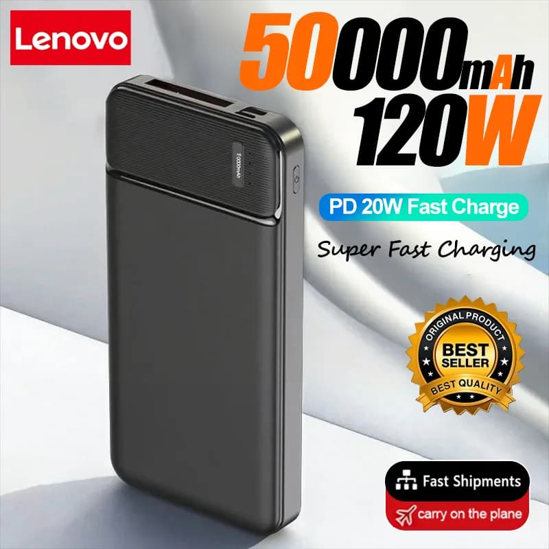 Lenovo 120W 50000mAh Power Bank 12W Portable Fast Charger External Battery PowerBank High Capacity PowerBank For iPhone Samsung