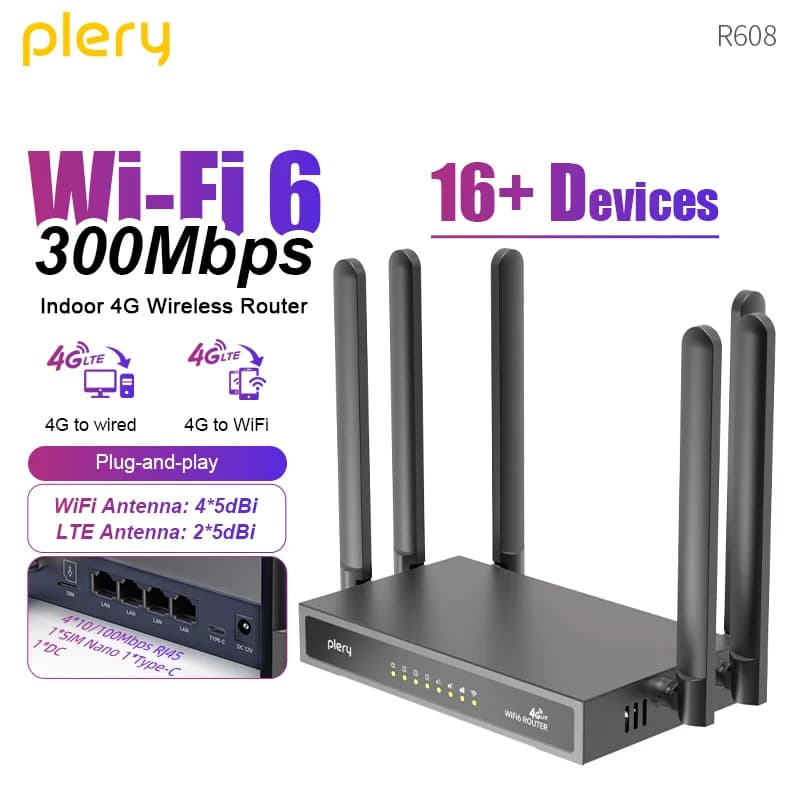 Plery WiFi6 4G LTE SIM Ripetitore router WiFi con slot per scheda SIM 300Mbps Antenna Booster Segnale Router wireless mobile Extender