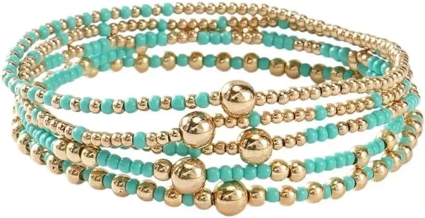 Set di Bracciali Multistrato Boho con Perline, Stile Surfer Heishi in Resina Turchese Colorata, Elastico a Molla