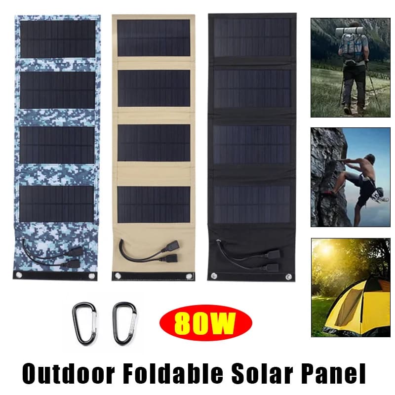 Borsa pieghevole solare doppia USB portatile da esterno a 4 pieghe Pannello solare pieghevole da 5 V 80 W per telefono cellulare GPS Power Bank per il campeggio