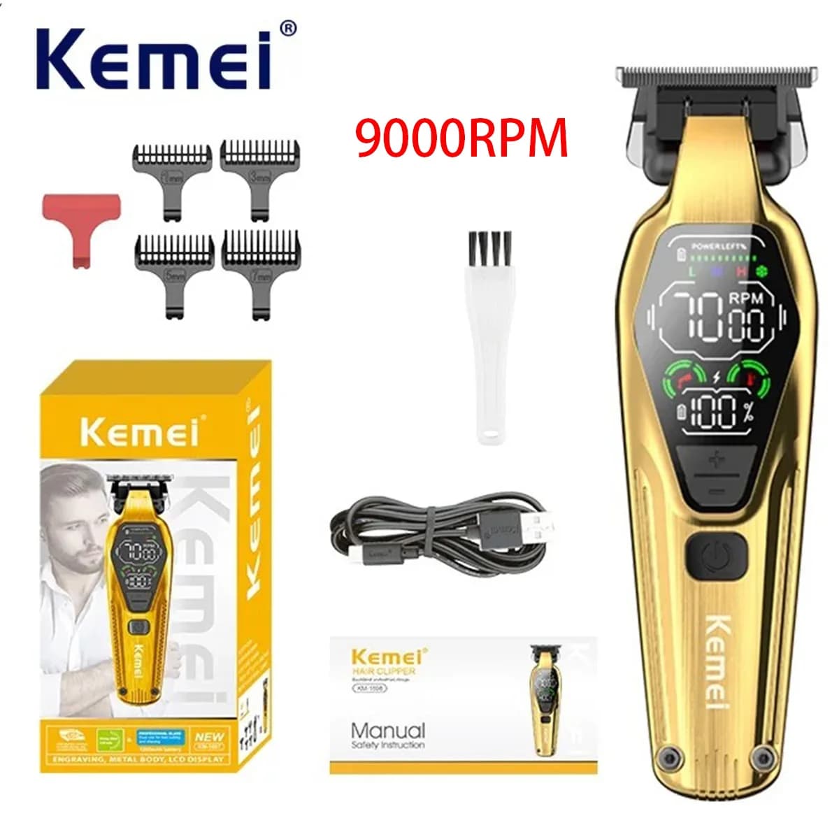 Tagliacapelli Professionale Kemei per Uomo, Trimmer a Zero Gap, Macchina per Taglio Capelli, Kit di Cura Ricaricabile con Display LED