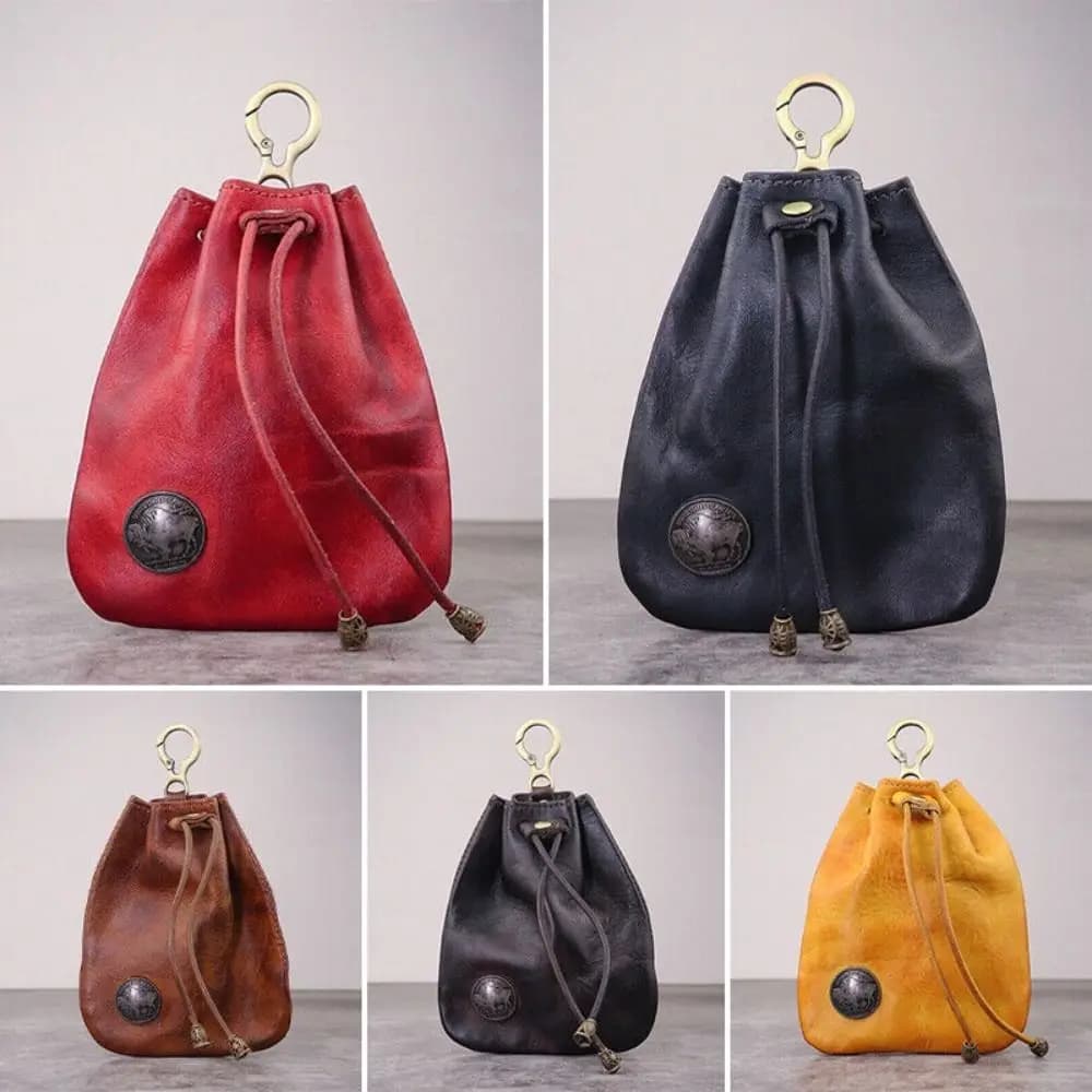 Simple Upper Leather Coin Purse Pouch Solid Color Retro Car Key Bag Drawstring Wallets Men