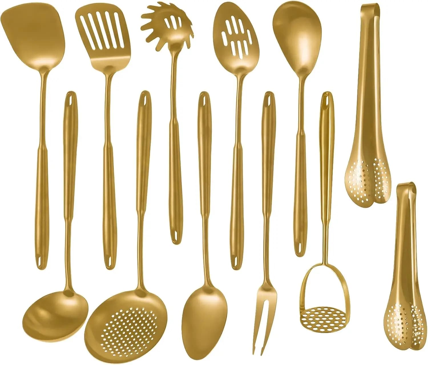 Set di 12 Utensili da Cucina in Oro Opaco, Strumenti di Cottura in Acciaio Inossidabile con Spatola, Cucchiaio, Pinze, Lavabili in Lavastoviglie