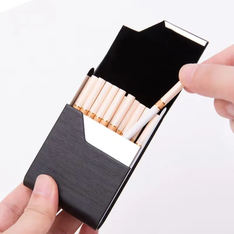 Stainless Steel Cigarettes 7 Parts with Leather Coating, Card Holder and Anti Shock and Waterproof Metallic Box for King Size Cigarettes