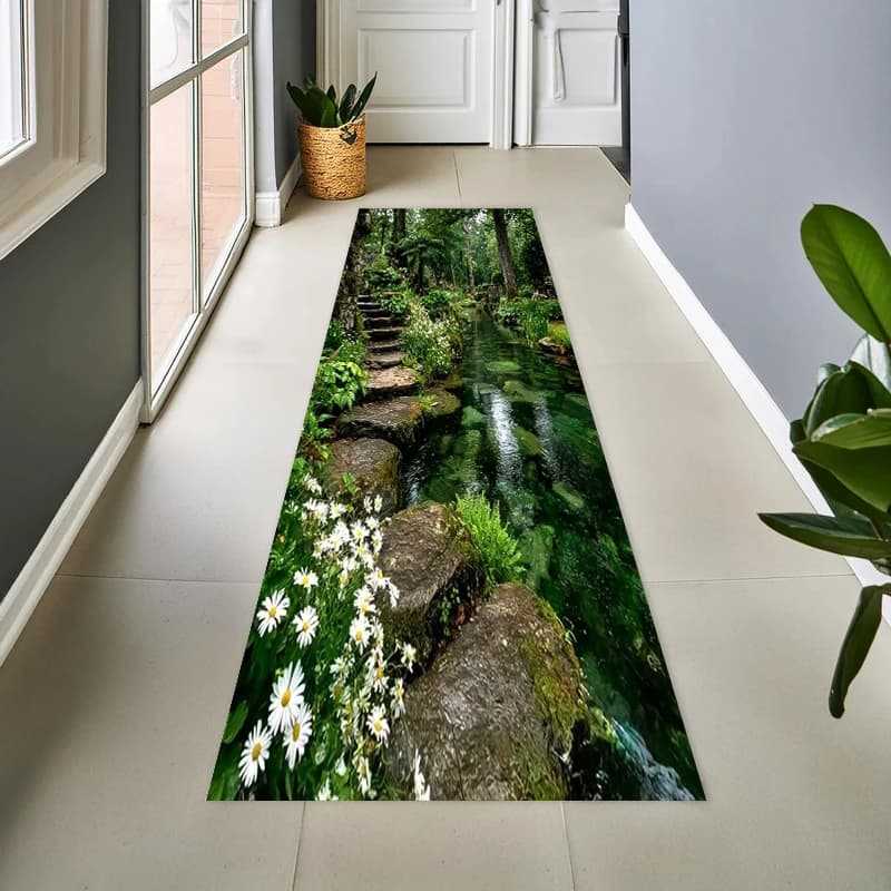 Tappeto Runner con Stampa Serene Forest Stream, Tappetino per Corridoio/Ingresso con Motivo Paesaggistico Acquatico, Tappeto Decorativo Verde per la Casa