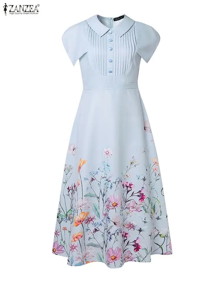 2025 ZANZEA Stylish Printed Dress Office Women Dresses Elegant Lapel Neck Cuffed Sleeve Midi Robe Waisted A Line Party Sundress
