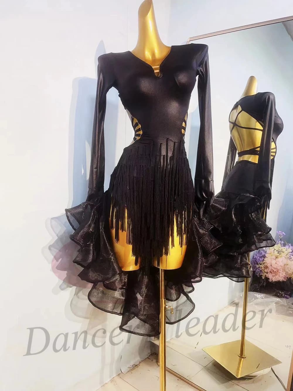 Latin Dance Costume AB Stone Female Adult Children High-End Custom Mesh Fringe Skirt Black Pool Samba Performance Dress