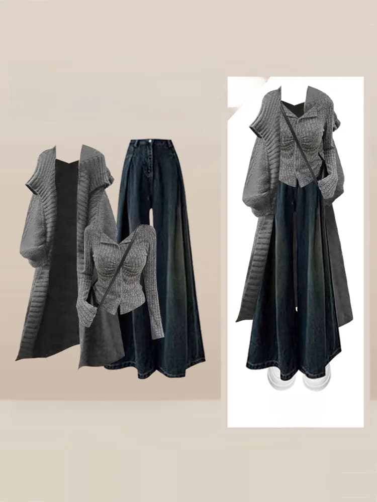 Gray Sweater Jacket Set Women's Korean Style Cold Tone Three-Piece Outfit High Waist Jeans Long Sleeve V-Neck Autumn Winter F...