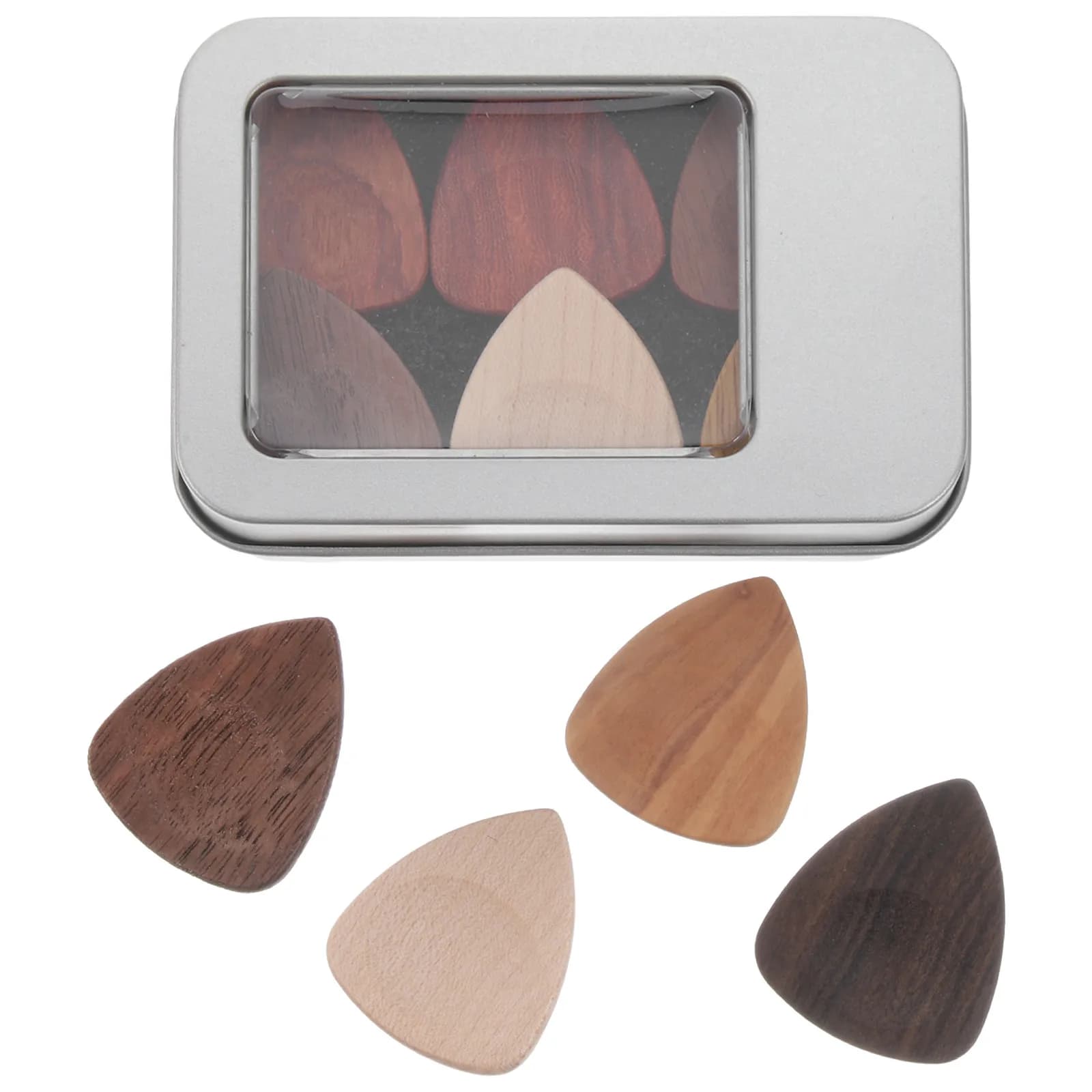 Wooden Guitar Pick Set with Storage Box Thick Durable Picks for Electric Acoustic Bass Ukulele Triangle Thumb