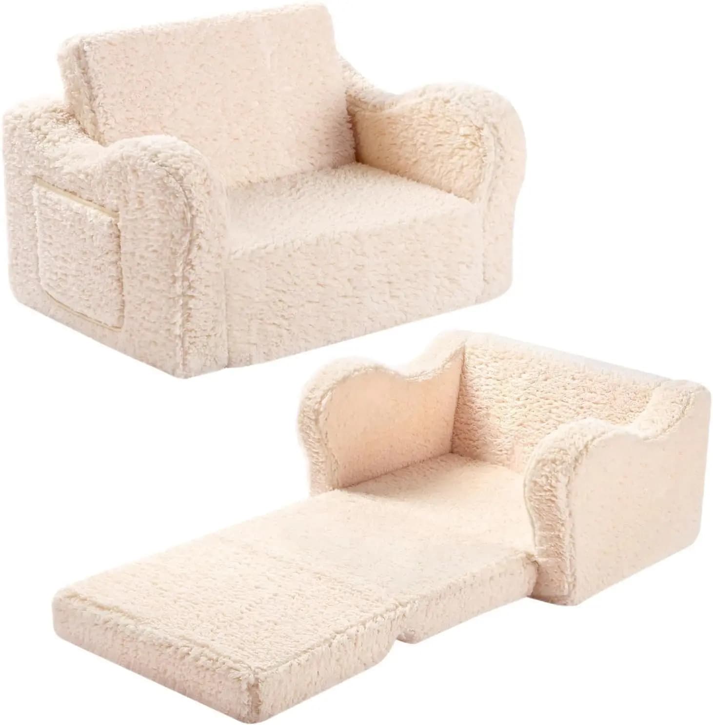 MOMCAYWEX Kids Sofa, 2-in-1 Flip-Out Foam Couch with Soft Sherpa Cover, Cozy Play Lounge Chair, Cream