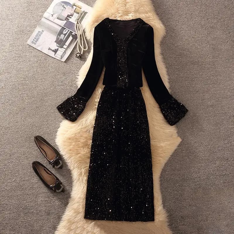 Black Tea System Slim Fit Dress And Skirt Set 2026 Spring Autumn High End Sensation Long Sleeve French Style Polyester Adult ...