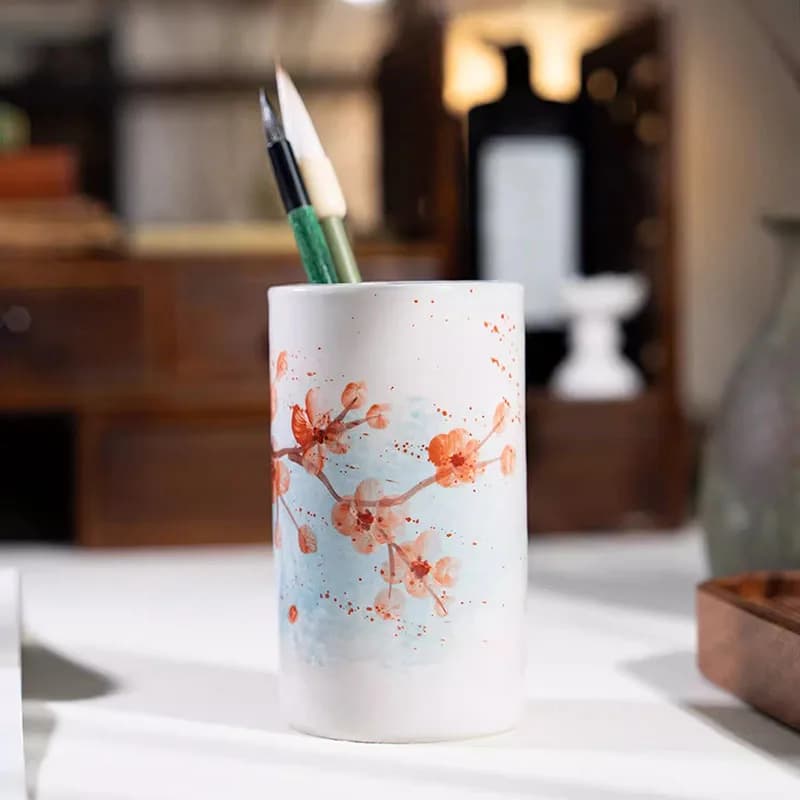 Portapennelli in Ceramica Dipinto a Mano con Motivo di Fiori di Prugna, Porta Penne per Calligrafia Cinese, Organizzatore da Scrivania per Pittura Tradizionale